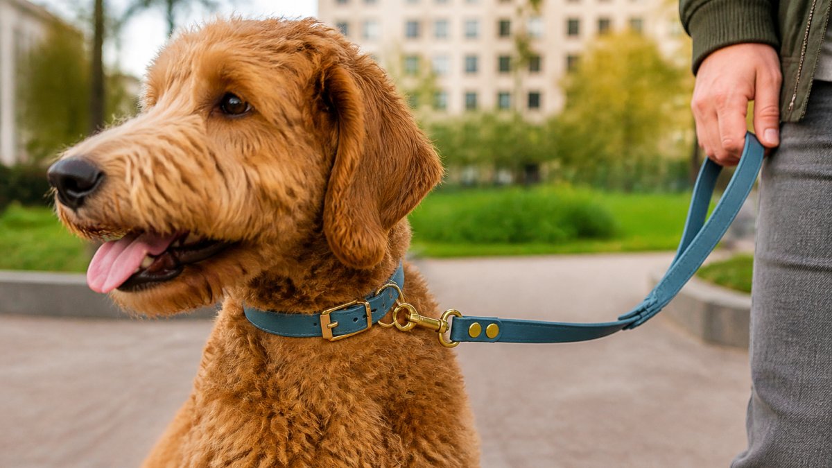 Close-up of a dog wearing a sleek designer collar and matching leash during a walk in an urban park, showing the fit and modern aesthetic