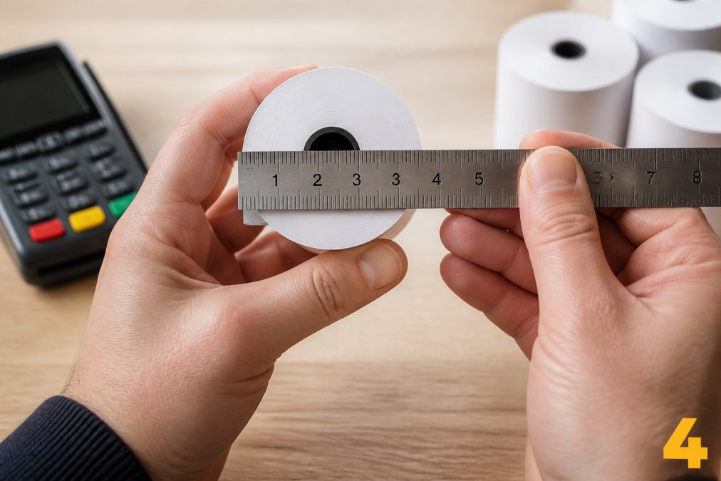 Close-up of hands holding a thermal till roll next to a ruler or measuring tape, showing the diameter measurement across the paper cylinder on a clean wooden counter with natural daylight