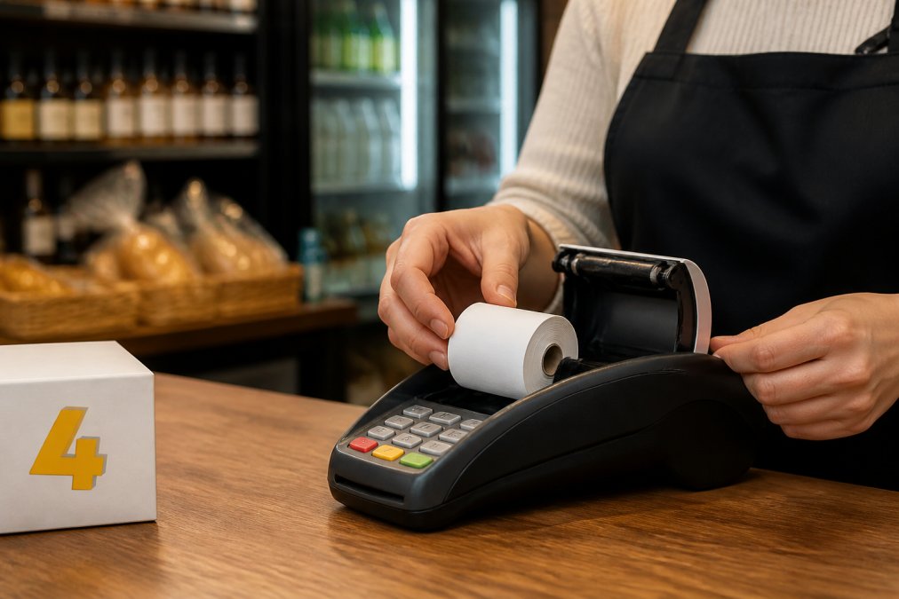 Retail shop counter with a modern card terminal machine and a thermal receipt roll being inserted into the paper feed slot, showing practical installation in a busy business environment with natural shop lighting