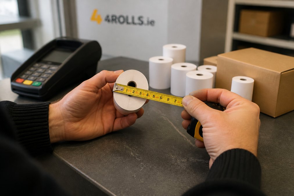 Close-up of hands using a tape measure to check the diameter of a thermal till roll next to a card machine on a retail counter, warm shop lighting
