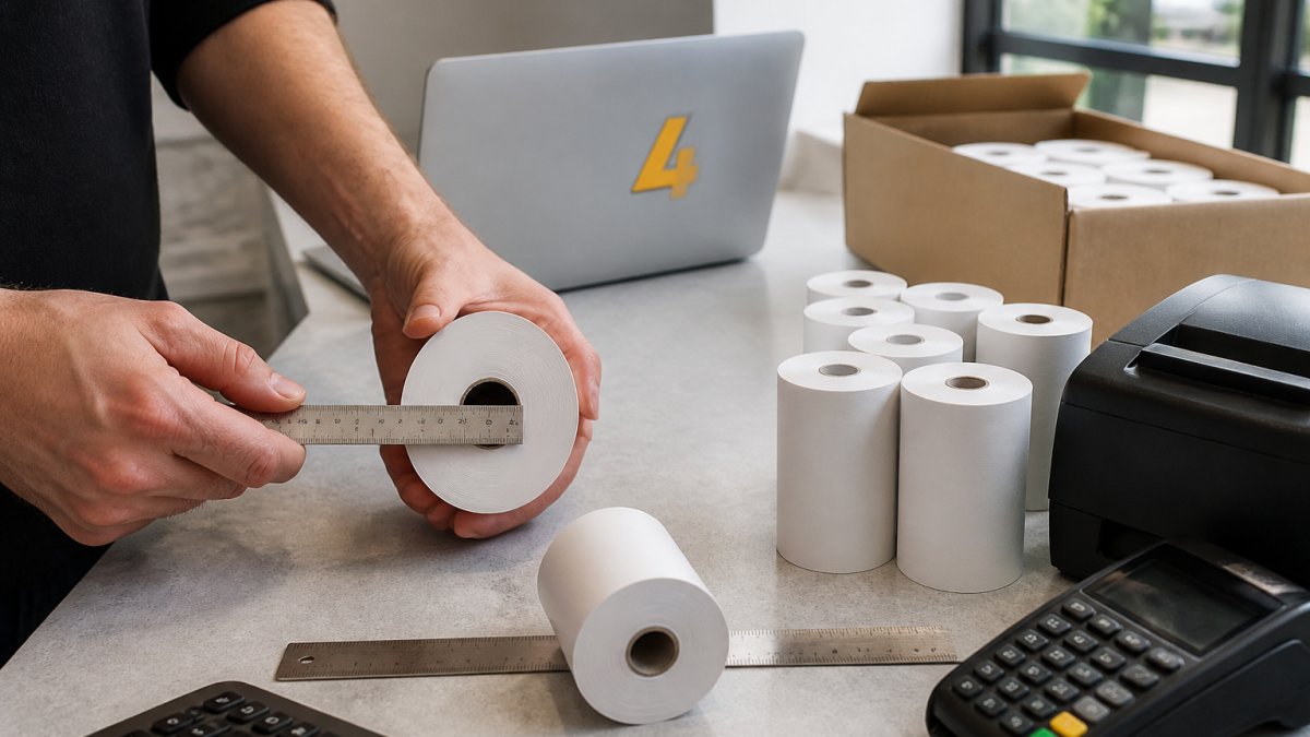 Close-up of hands holding a thermal receipt roll against a ruler, measuring the core diameter and overall roll width on a clean counter surface with natural daylight