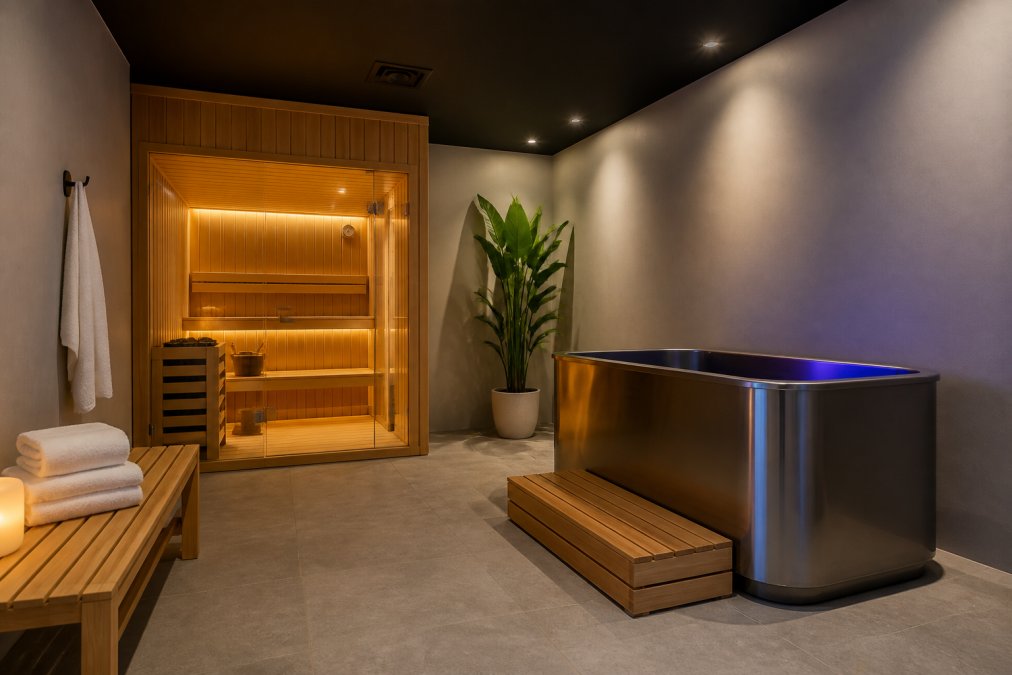 A clean, modern wellness recovery room with a wooden sauna and a stainless steel cold plunge tub, soft ambient lighting, towels folded on a bench