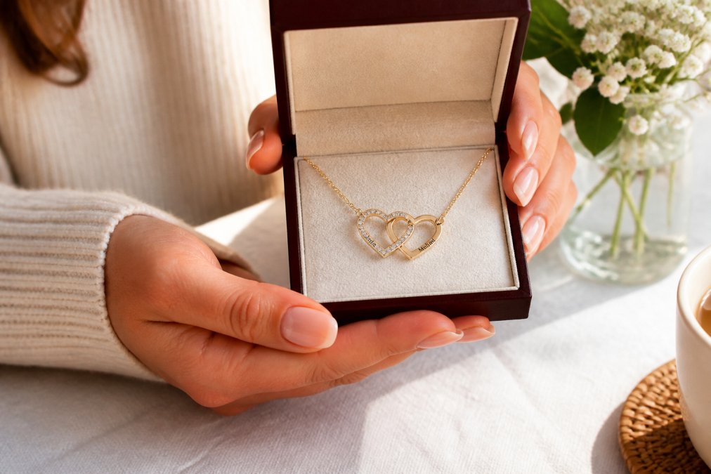 Woman's hands holding an open jewelry box displaying a personalized engraved necklace with soft natural light illuminating the engraved details on the pendant