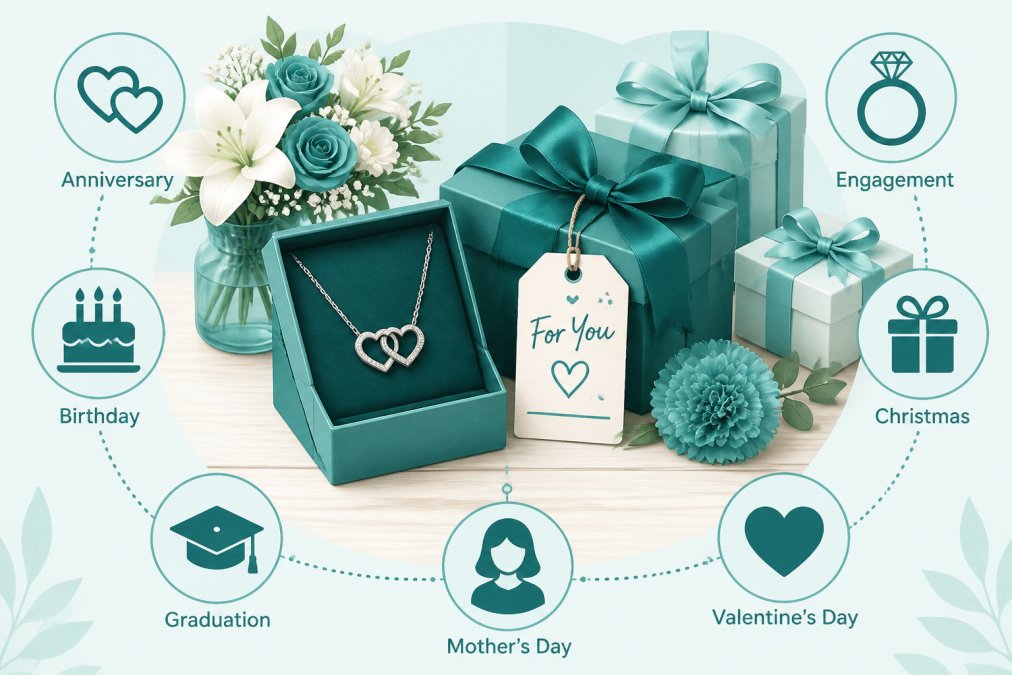 Gift-wrapped personalized jewelry box with handwritten gift tag on wooden table, surrounded by fresh flowers and wrapped presents for special occasions, natural daylight