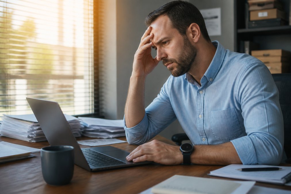 Agency owner looking frustrated at a complex dashboard while seeking better thinklytics alternatives.