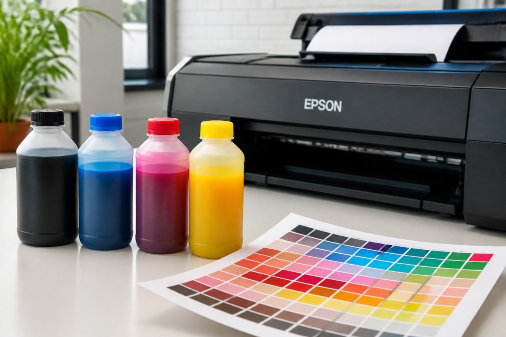 Close-up of multiple ink bottles in cyan, magenta, yellow, and black arranged on a clean white desk next to an Epson wide-format printer, with a printed color swatch sheet in the foreground