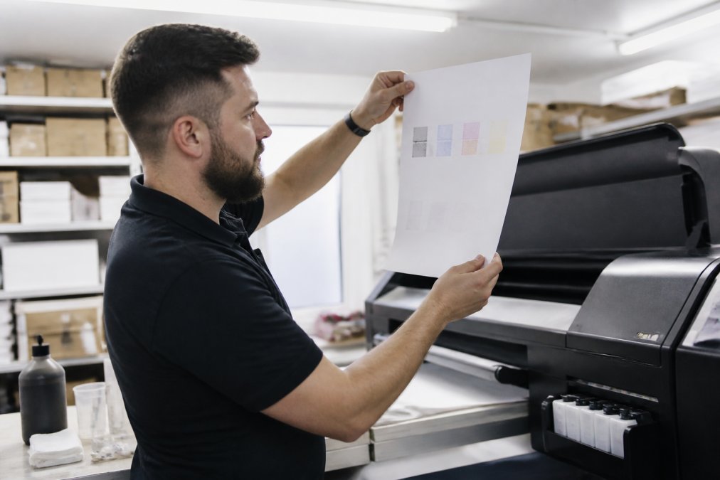 A print shop technician in a bright workshop holding up a nozzle check printout from a professional Epson printer, examining the test pattern under overhead fluorescent lighting with an ink bottle and cleaning supplies on the workbench nearby