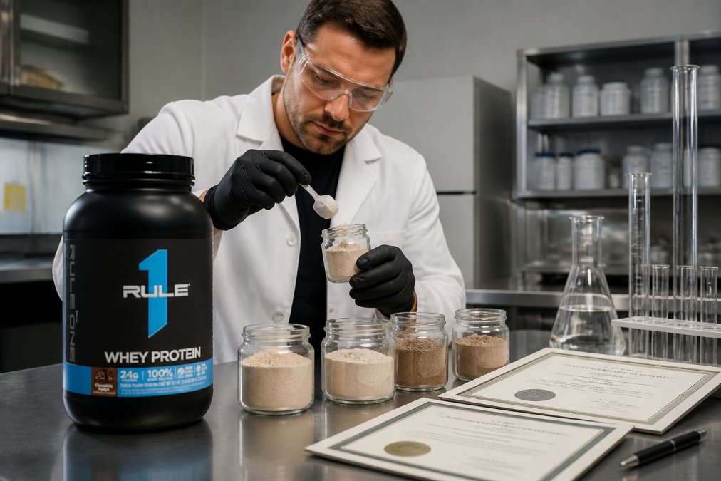 Professional laboratory technician examining protein powder samples in glass containers under bright lab lighting, with certification documents and testing equipment visible on the workbench