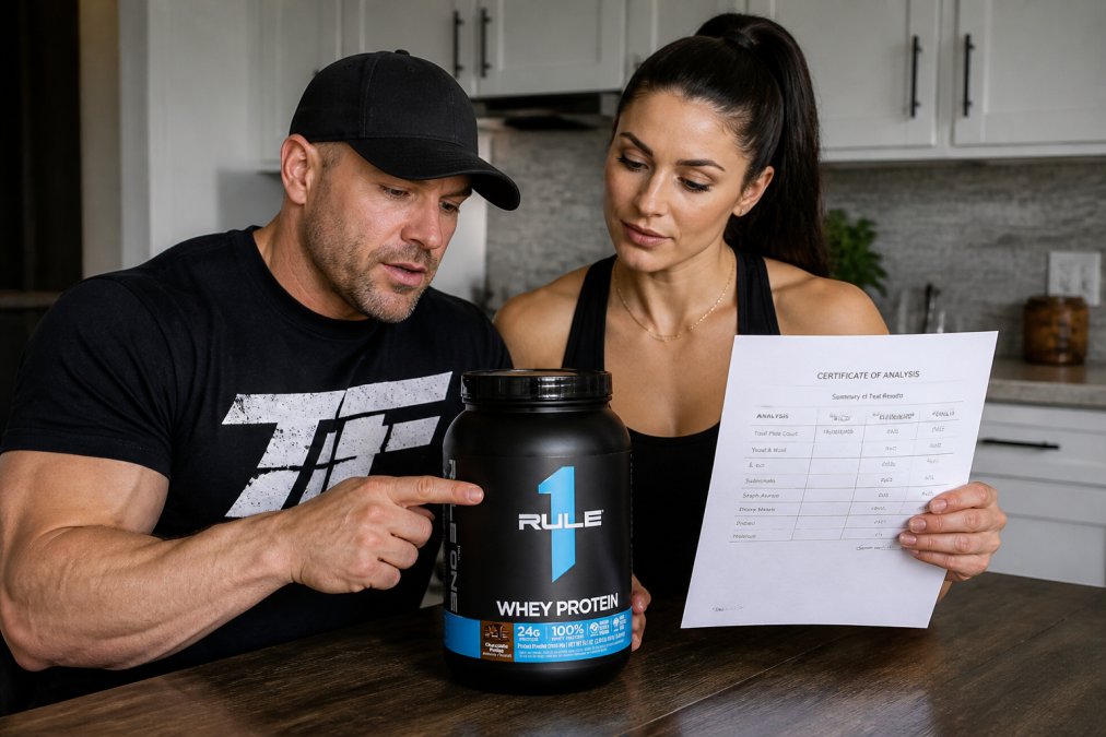 Hands holding a protein powder container and certificate of analysis document side-by-side, with label details and testing results clearly visible under natural lighting