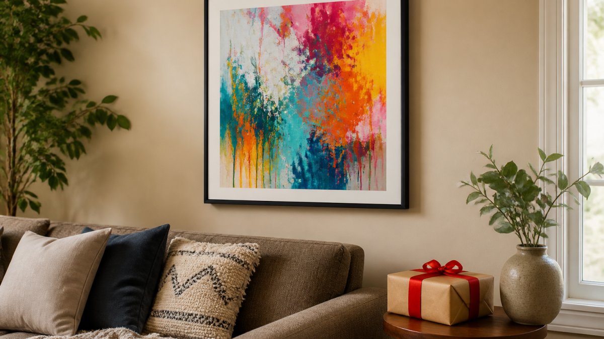 A framed colourful abstract art print hanging on a warm neutral living room wall, with a sofa, a plant and a wrapped gift box on a side table beside it