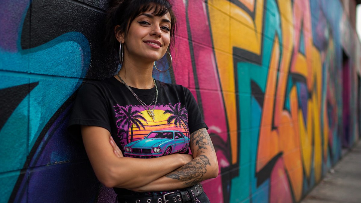 A young woman wearing a bold retro neon graphic tee, standing against a colorful graffiti wall, smiling confidently with arms crossed