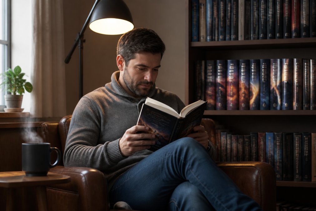 Reader immersed in a science fiction novel in a cozy reading nook with warm overhead lighting, a steaming coffee cup on a wooden side table, and a stack of multi-book series visible on a nearby shelf