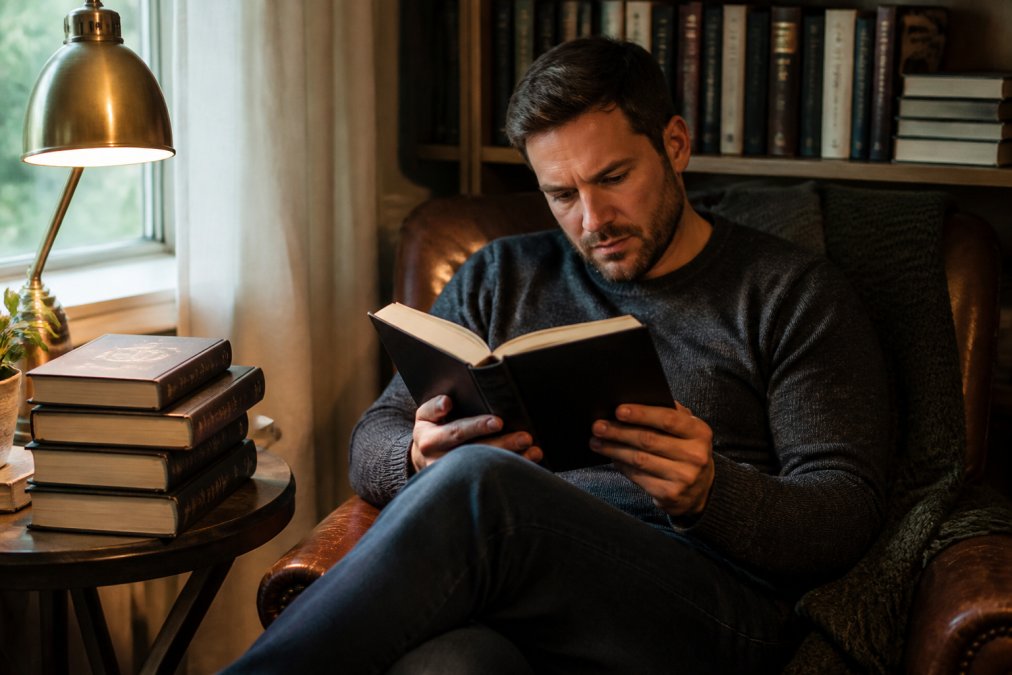 Reader sitting in a cozy reading nook with stacked psychological thriller books, holding one open with an engaged expression, warm lighting from a nearby lamp