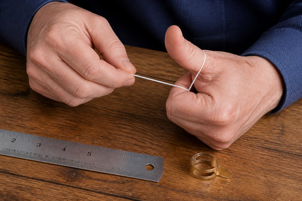 Step-by-step guide on using string and a ruler to measure your thumb for the best thumb picks for small hands.