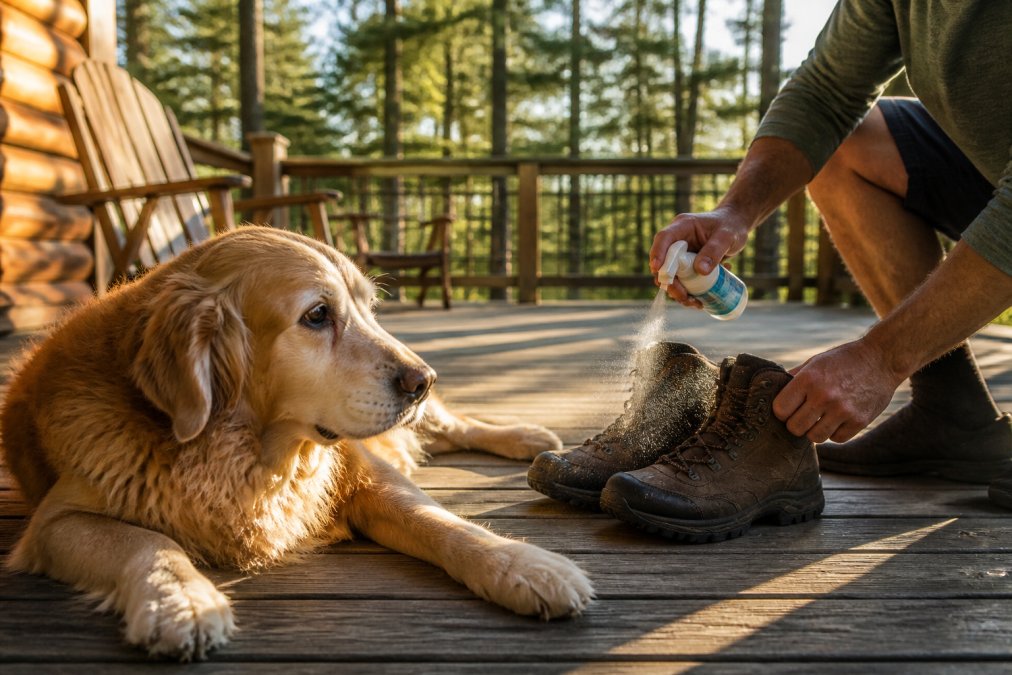 A senior golden retriever resting on a wooden deck while its owner sprays a natural tick repellent onto hiking boots nearby, late afternoon sunlight through trees
