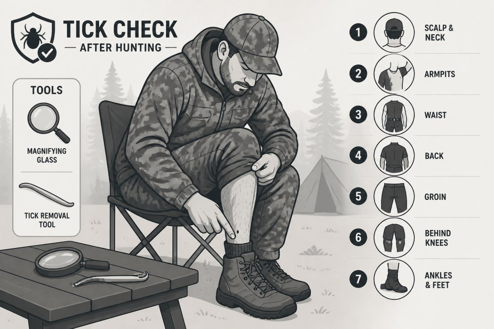 Hunter in camouflage clothing carefully inspecting their leg and ankle area for ticks in bright natural daylight, with a magnifying glass and tick removal tool visible on a camp table