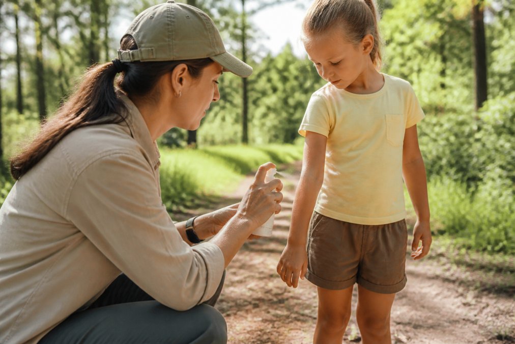 Parent carefully applying insect repellent spray to child's exposed arms and legs outdoors in natural sunlight, with child wearing light-colored outdoor clothing and standing still
