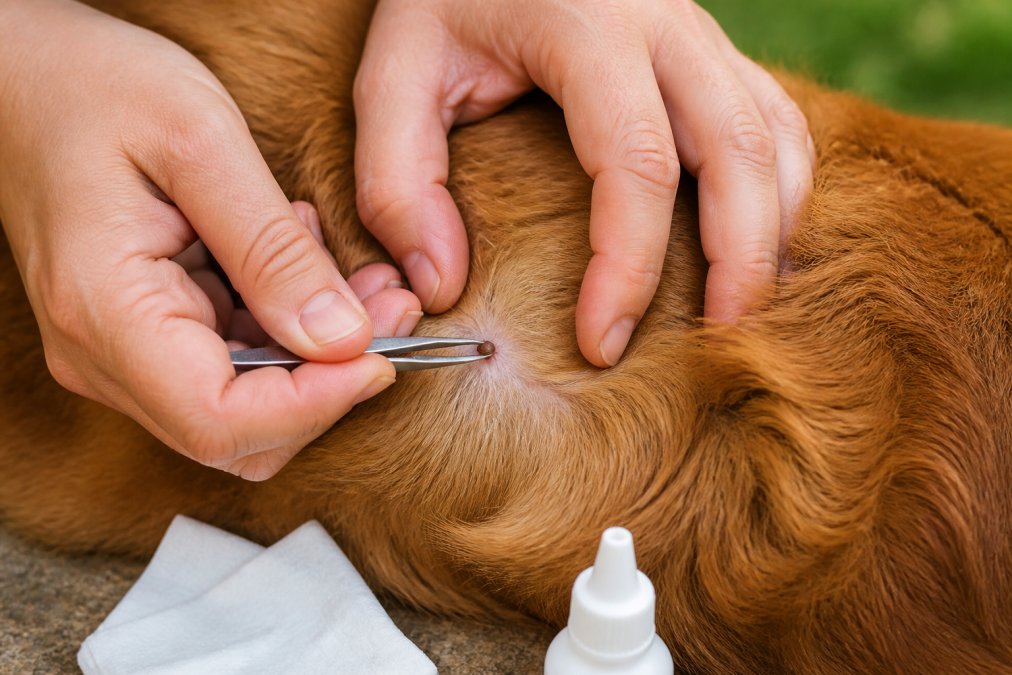 Close-up of hands using fine-tipped tweezers to grasp a tick as close as possible to the dog's skin, with the tick being gently pulled straight out while the dog remains calm and still
