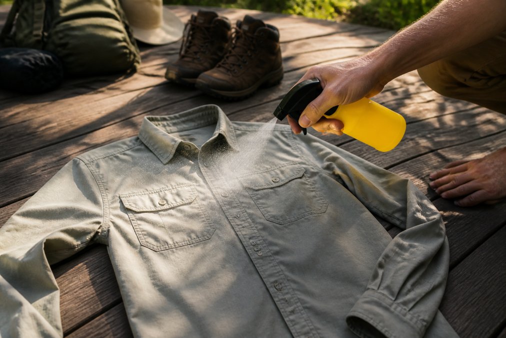 A close-up of hands spraying permethrin treatment onto a hiking shirt laid flat on a wooden deck, yellow spray bottle visible, soft morning light
