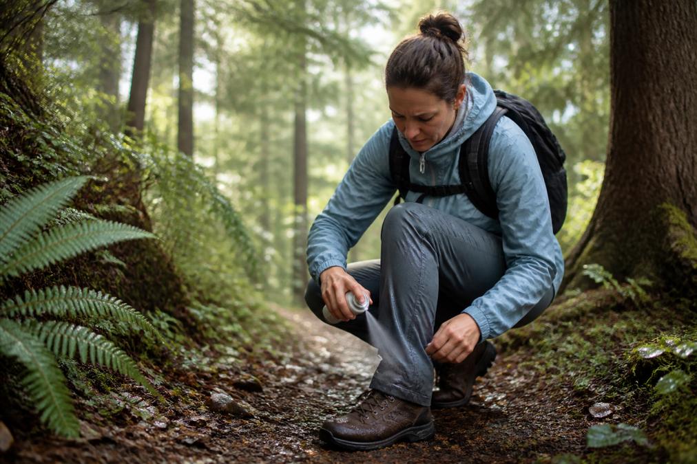 Hiker spraying tick repellent onto their hiking boots and pants on a forest trail