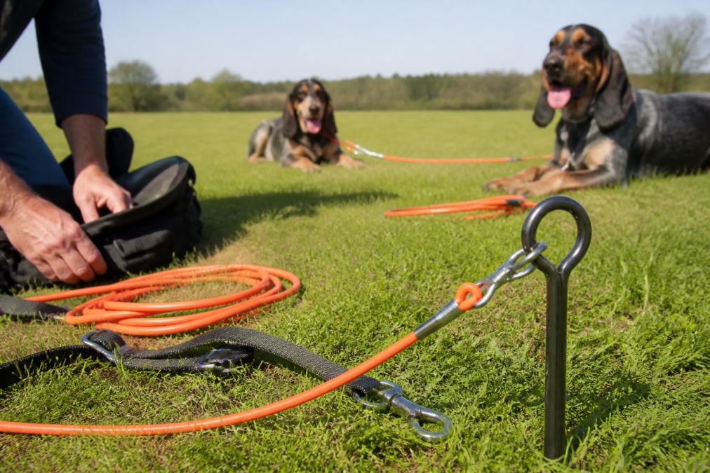 Close-up of a heavy-duty solid steel tie-out stake driven into lush green grass with a neon orange vinyl-coated cable attached to the 360-degree swivel D-ring, two large hound dogs visible in the soft-focus background resting on separate leads under a clear sky