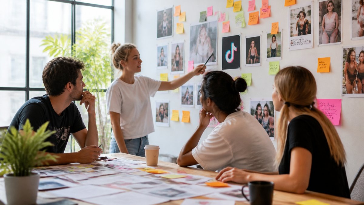 A marketing team collaborating in a bright modern office, reviewing TikTok campaign analytics on a large screen, with sticky notes and creative storyboards on the wall