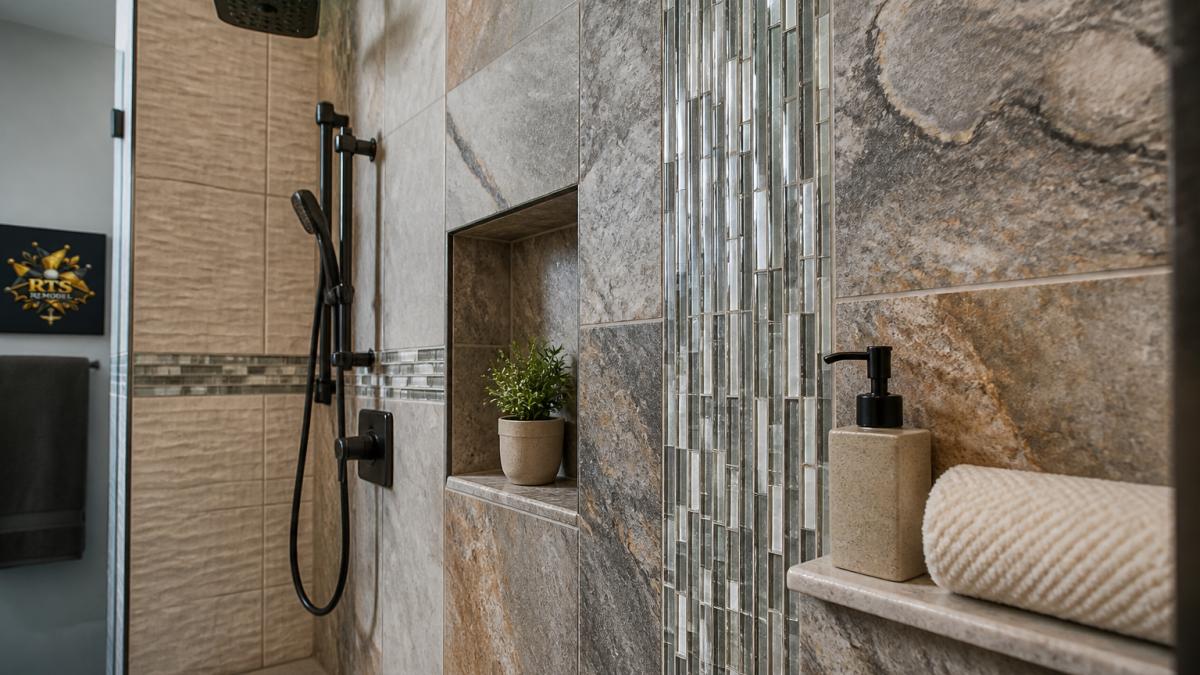 Close-up of a finished custom shower wall showing a mix of natural stone tile with varied veining, textured ceramic accents, and glass mosaic details catching light, demonstrating material variety in a professional installation