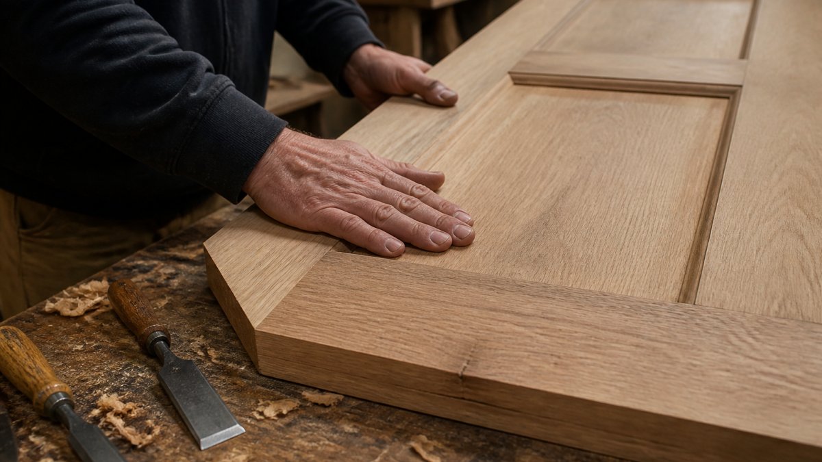 Close-up of a craftsman's hands running along the grain of a finished oak external door panel, with wood shavings and chisels visible on a workbench in a joinery workshop
