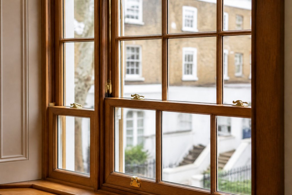 Close-up of a traditional timber sash window in a period property showing detailed brass fittings, multiple panes, and wooden frames with visible glazing bars and traditional hardware