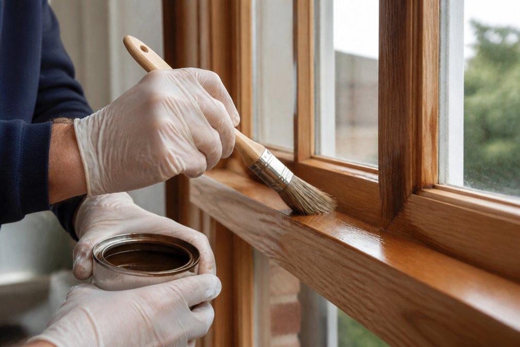 Hands applying wood stain or protective finish to a timber window frame during maintenance, showing careful application with brush, natural daylight from window visible in background