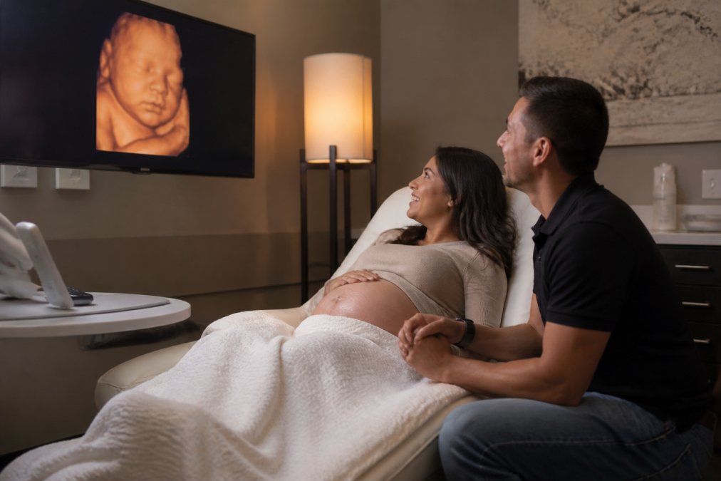 Expectant parents watching a 3d ultrasound on a monitor in a comfortable, softly lit clinic room.