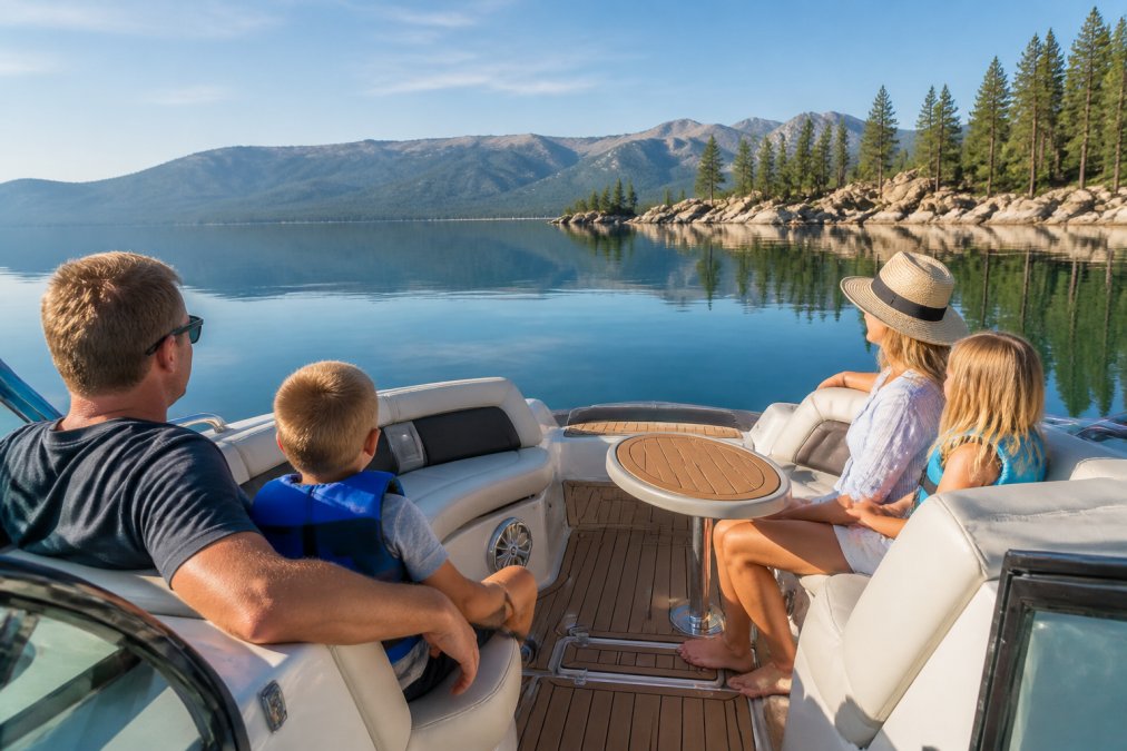 A family on a private charter boat enjoying calm, mirror-smooth water on Lake Tahoe during a bright morning, with mountains in the background