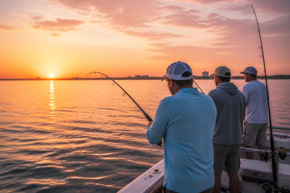 A small group of anglers on a charter boat at sunrise, rods bent over the Gulf of Mexico, with orange and pink light reflecting off calm water and a distant shoreline visible