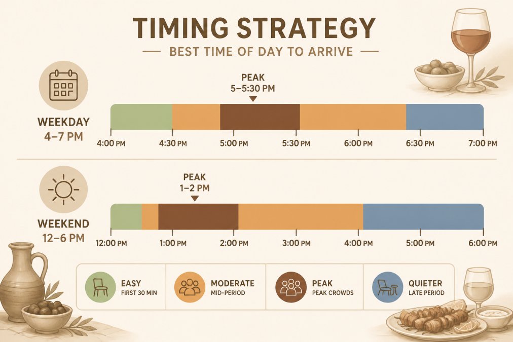 Infographic timeline showing optimal happy hour timing DC for peak crowd density and seating availability.