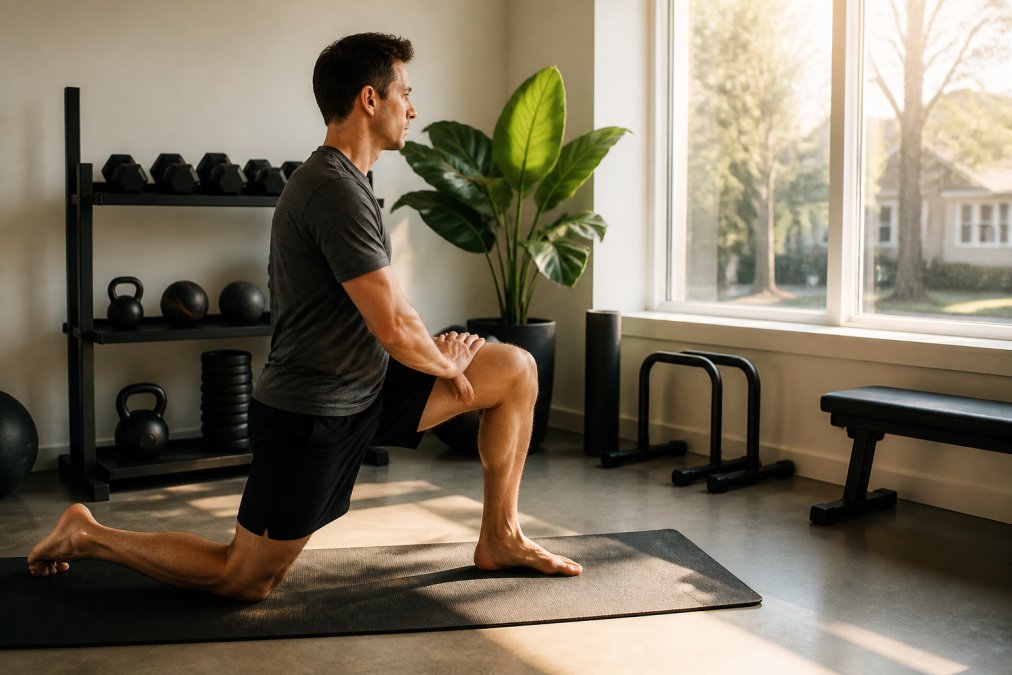 Person doing stretches and light movement in a home gym space during early morning light, with natural sunlight streaming through windows