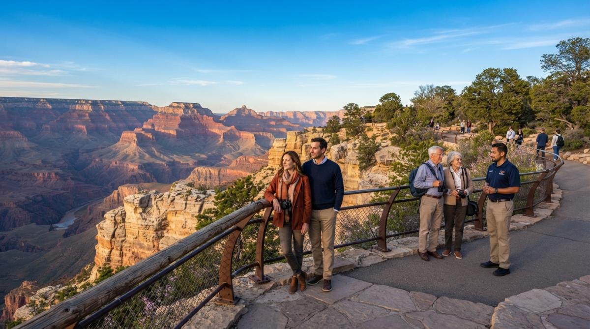 Wide vista of the Grand Canyon South Rim during golden hour in spring or fall, with clear blue skies, visitors standing at the rim railing enjoying expansive canyon views, and warm sunlight illuminating the layered canyon walls in rich reds and purples