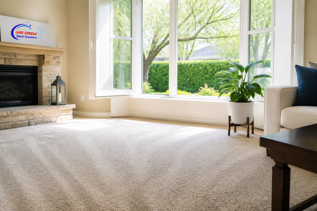 Bright, natural sunlight streaming through open windows in a living room with freshly cleaned light-colored carpets, showing air circulation and ventilation