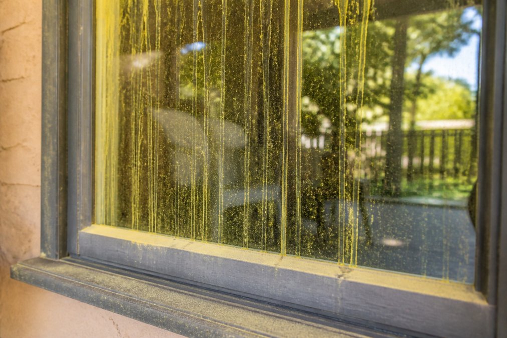 Close-up of residential window pane with visible yellow pollen coating and sticky tree sap streaks running down glass, showing seasonal debris accumulation on exterior surface