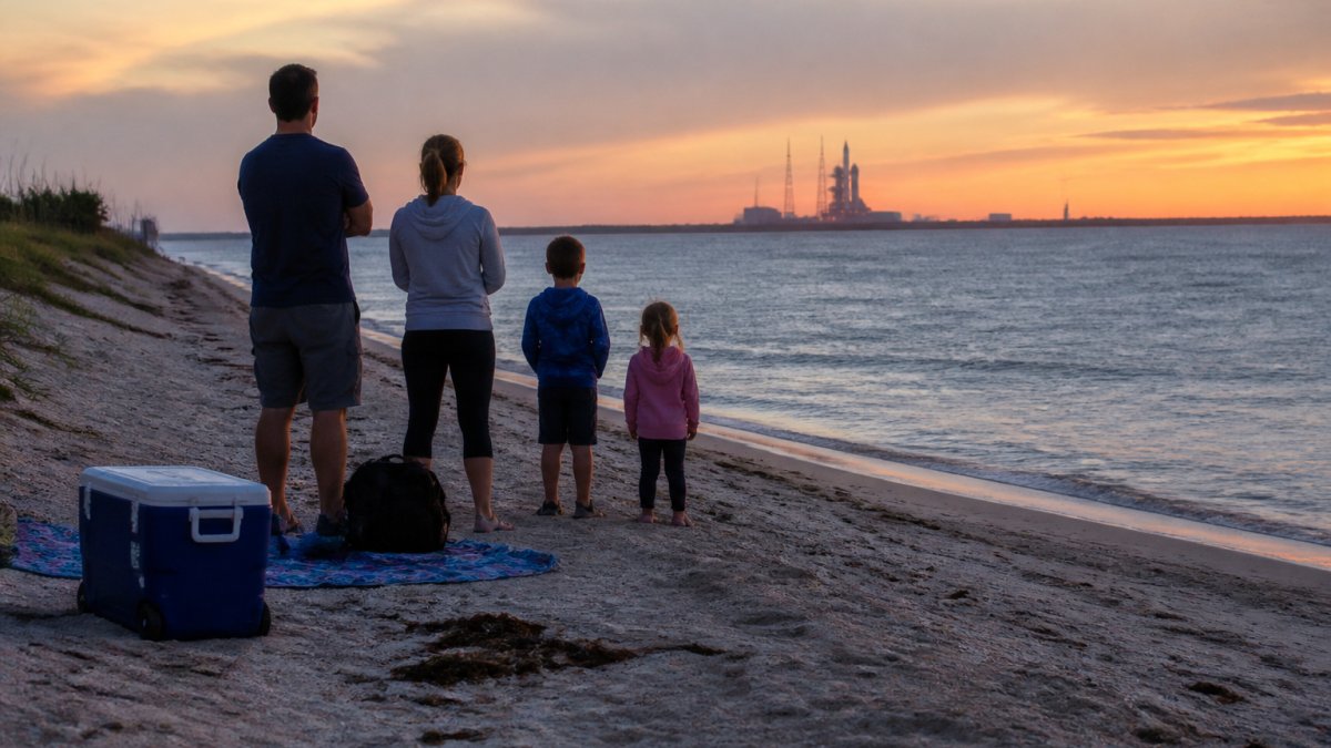 A family with young children standing on a beach at dusk looking toward a distant launch pad, cooler and blankets nearby, warm sunset light