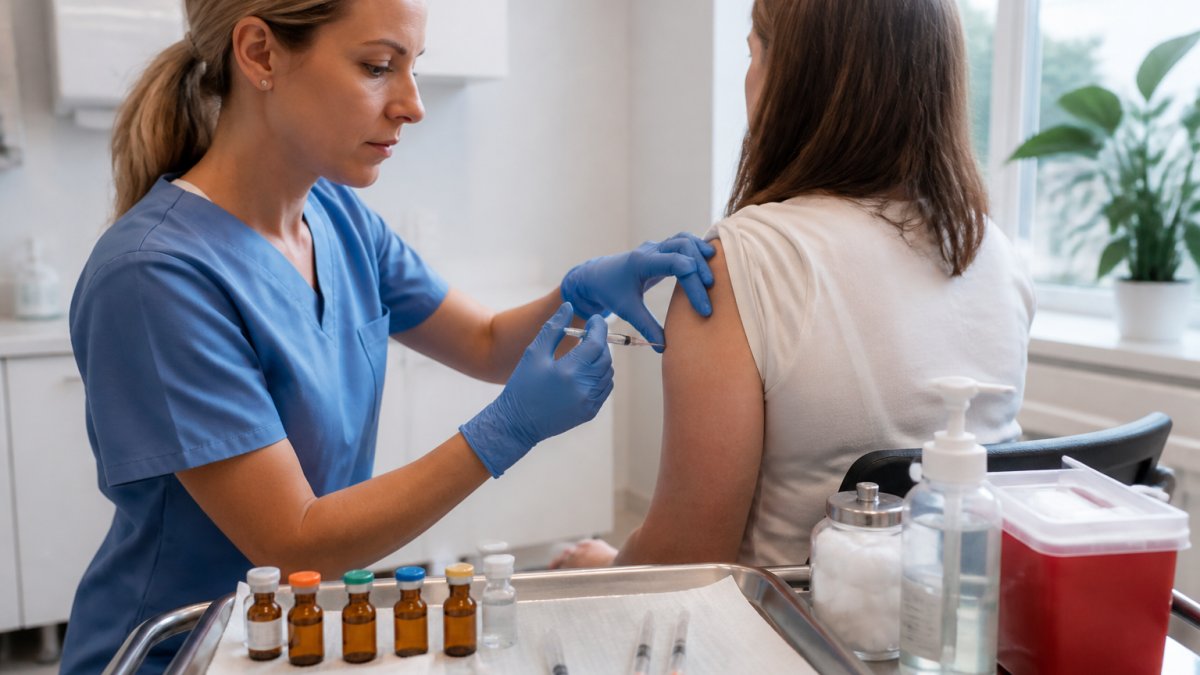 Professional demonstrating intramuscular B12 injection technique with sterile supplies and proper needle angle into upper arm muscle in clinical setting with natural lighting