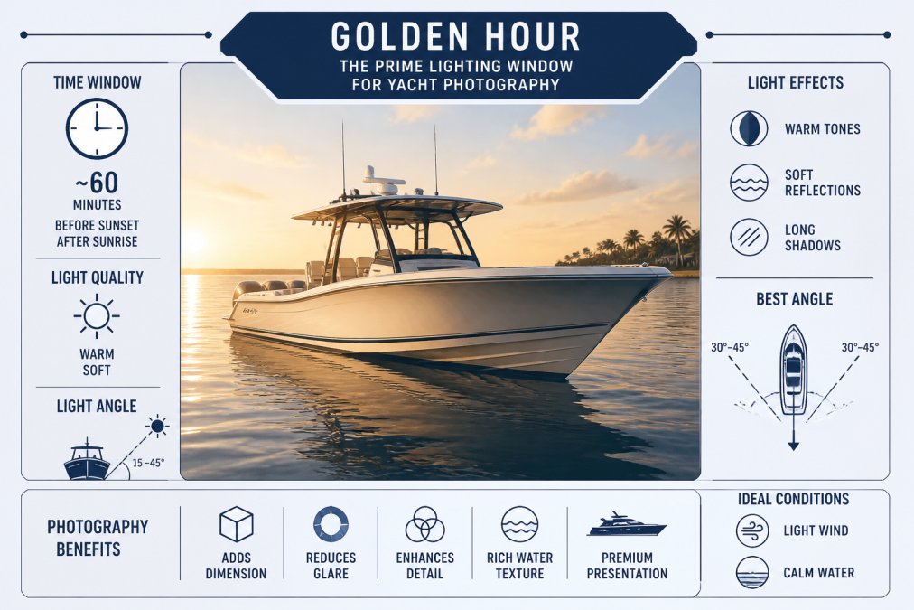 Luxury center console yacht photographed during golden hour with warm, soft light illuminating the hull and cabin details, showing long shadows across calm water and the vessel positioned at an angle that captures dimension without glare