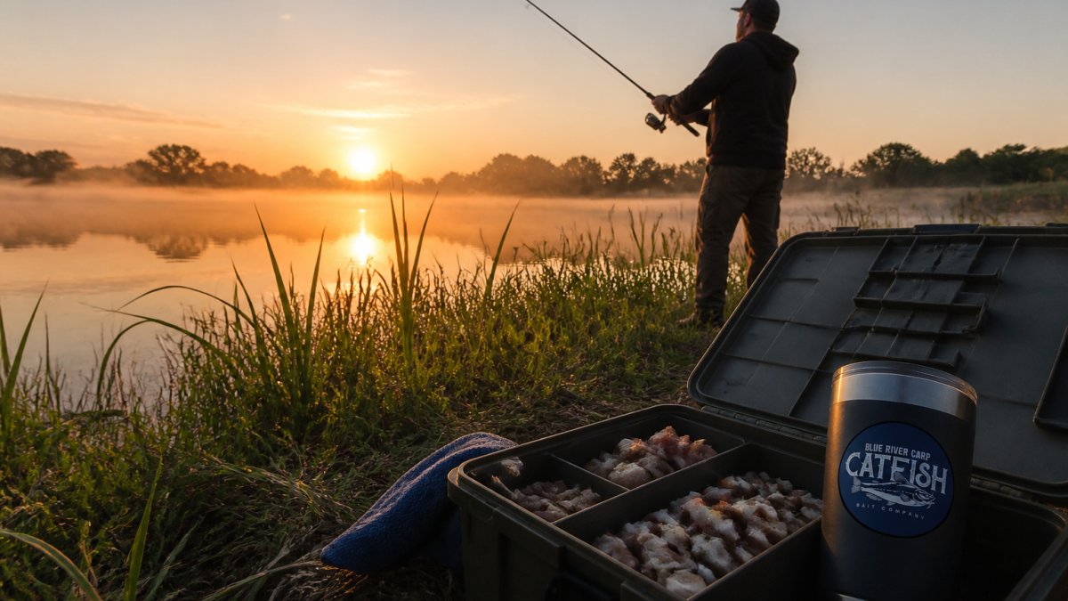 Angler casting a fishing rod from a misty grassy bank at sunrise with prepared bait ready on the shore