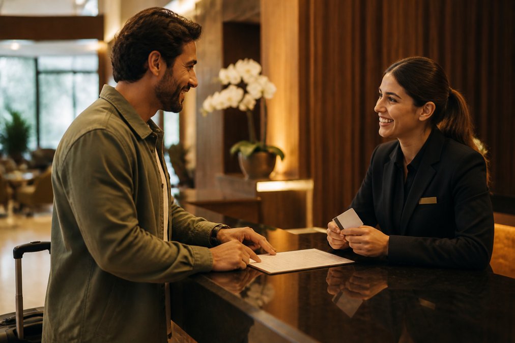 A friendly traveler speaking with a hotel front desk agent in a warmly lit lobby, both smiling, with a key card and reservation details visible on the counter