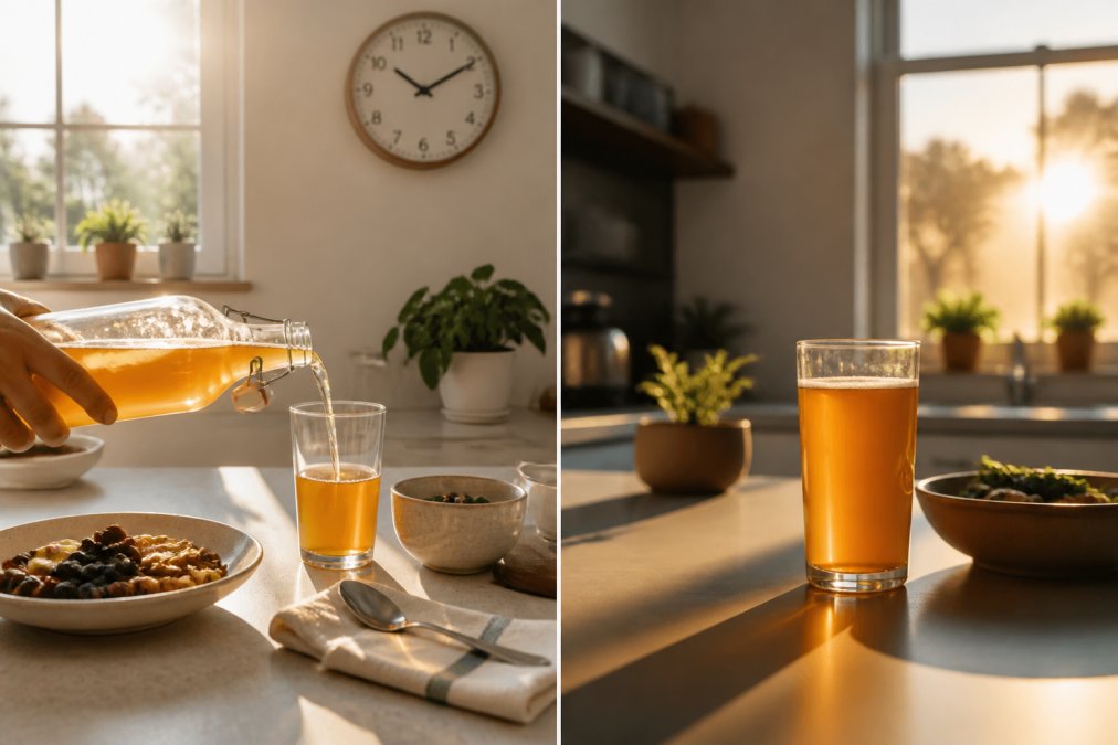 A person in a sunlit kitchen pouring a bottle of raw kombucha into a glass next to a light breakfast plate, with a clock on the wall suggesting morning