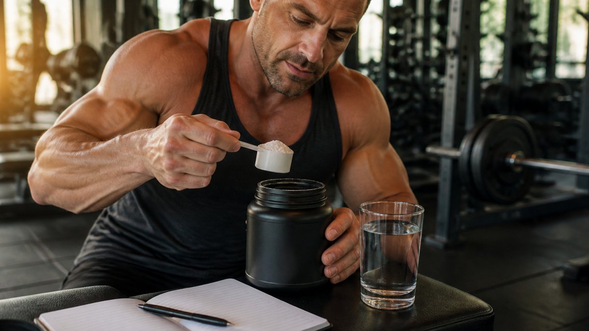 Close-up of a 5-gram scoop of creatine powder next to a glass of water on a gym bench with a training notebook