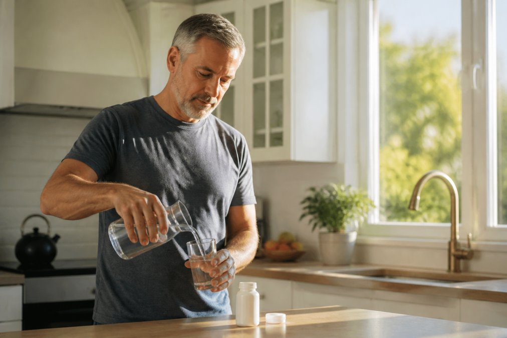 A man in his 50s standing in a bright kitchen, pouring a glass of water and holding a small white supplement bottle, morning sunlight streaming through the window