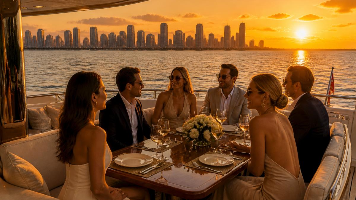 A group of well-dressed guests dining at a set table on the aft deck of a yacht at golden hour, Biscayne Bay and the Miami skyline glowing orange behind them, wine glasses catching the last light
