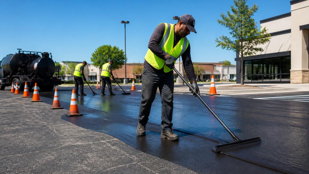 A crew performs parking lot sealcoating on a sunny day with orange cones marking off the work zone.