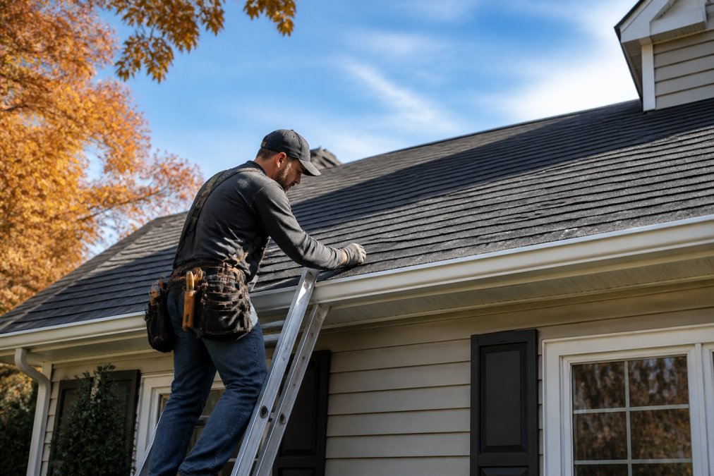 A roofing contractor on a ladder inspecting asphalt shingles on a suburban home during autumn, with mild weather and clear skies, showing the worker wearing safety gear and using hand tools