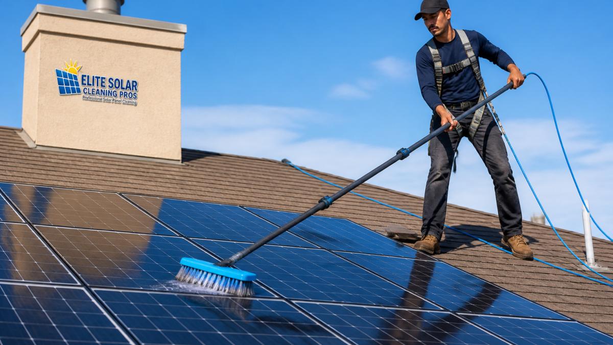 A professional technician using a water-fed pole with a soft brush to clean rooftop solar panels on a bright, clear day, with safety harness visible and blue sky reflecting off the panel surface